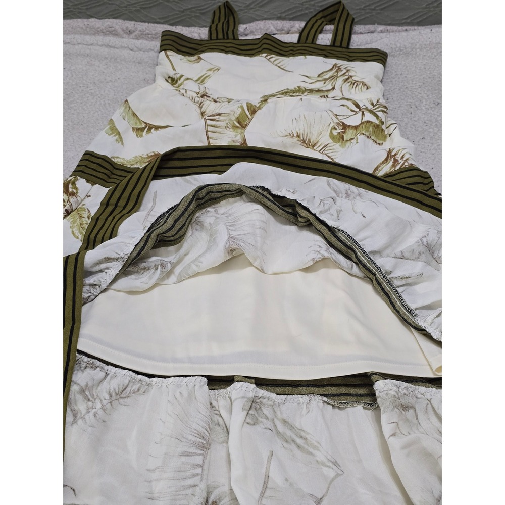 By The River Tropical Palm Print Tiered Midi Dress Olive Green Cream Medium - Picture 6 of 13